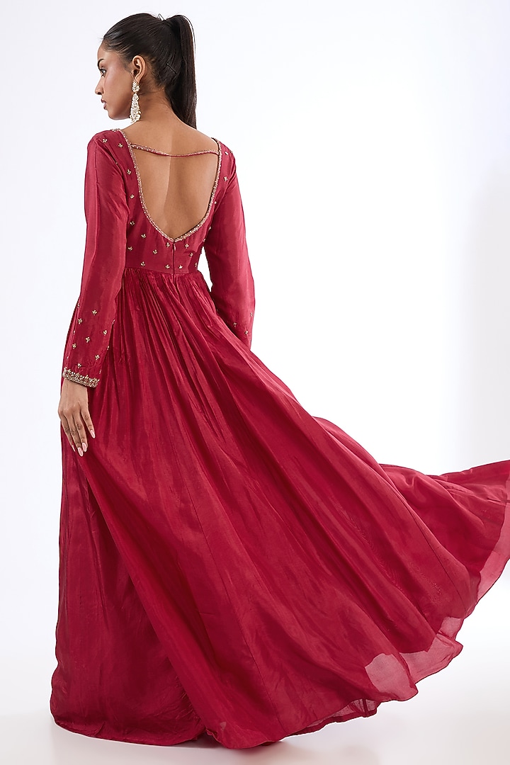 Deep Red Uppada Silk Zardosi Embroidered Wedding Anarkali Set by EnamourByRadha at Pernia's Pop Up Shop