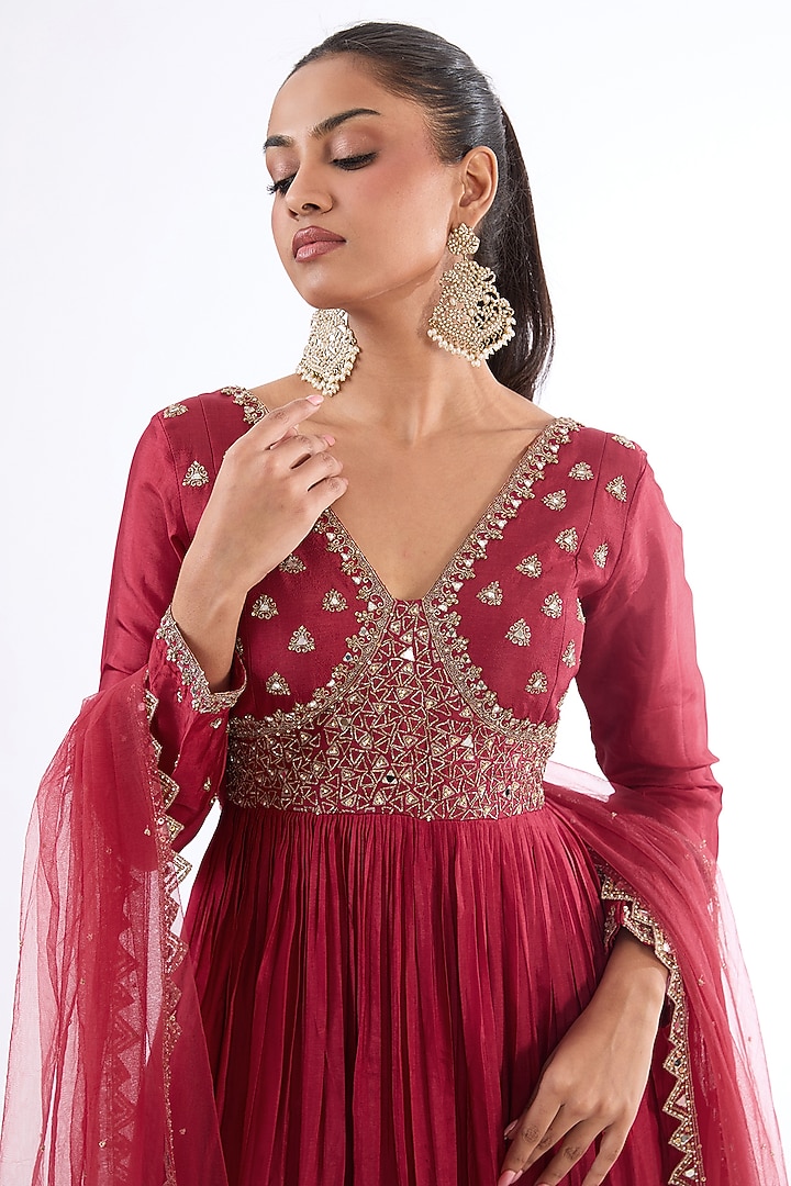 Deep Red Uppada Silk Zardosi Embroidered Wedding Anarkali Set by EnamourByRadha at Pernia's Pop Up Shop
