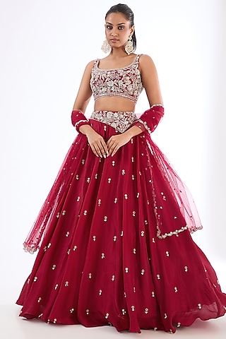 Deep Red Uppada Silk Boota Embroidered Lehenga Set by EnamourByRadha