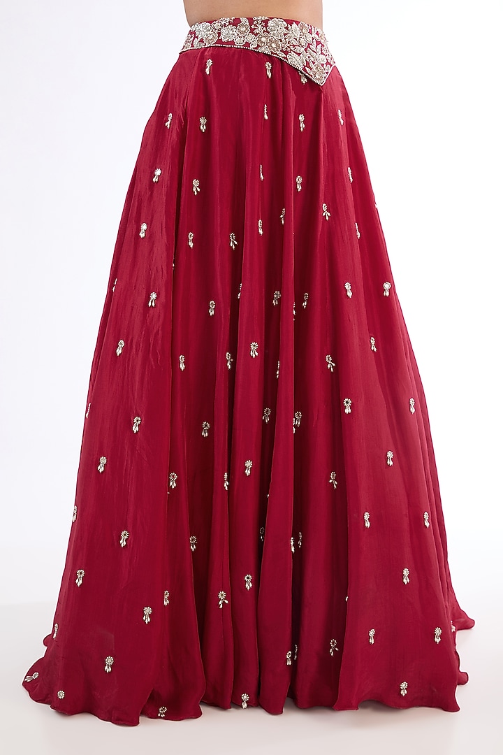 Deep Red Uppada Silk Boota Embroidered Wedding Lehenga Set by EnamourByRadha at Pernia's Pop Up Shop