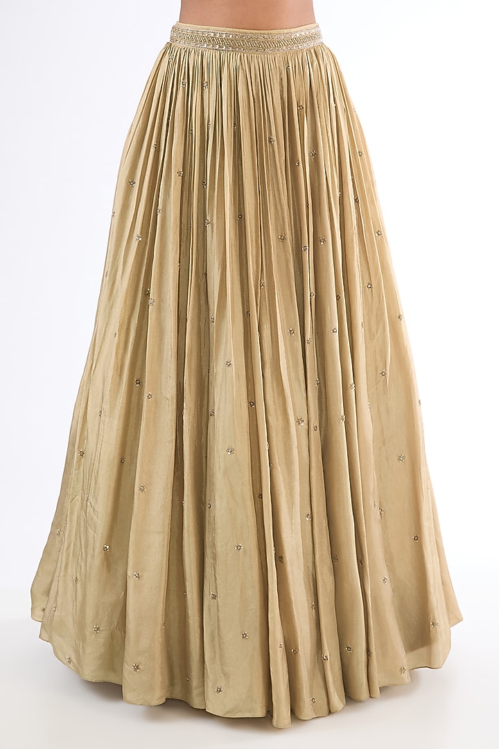 Gold Uppada Silk Boota Embroidered Wedding Lehenga Set by EnamourByRadha at Pernia's Pop Up Shop