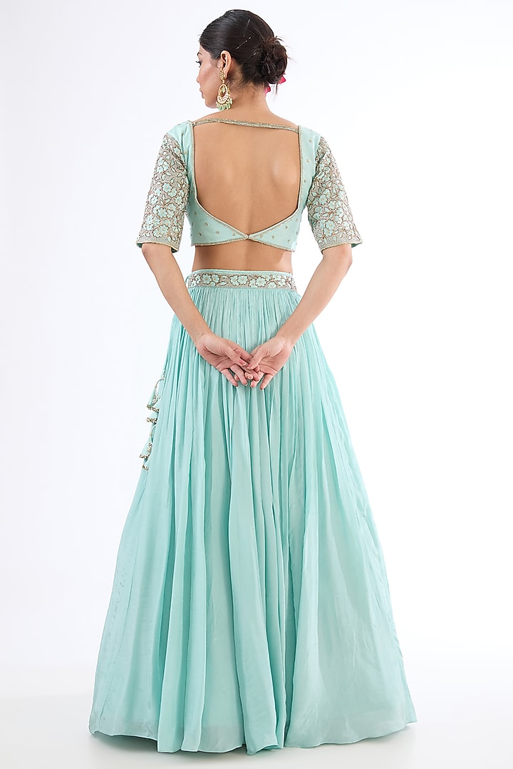 Turquoise Blue Uppada Silk Aari Embroidered Wedding Lehenga Set by EnamourByRadha at Pernia's Pop Up Shop