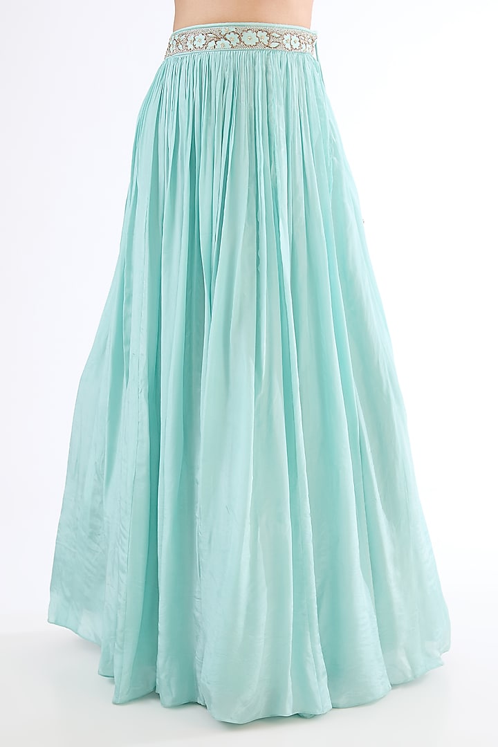 Turquoise Blue Uppada Silk Aari Embroidered Wedding Lehenga Set by EnamourByRadha at Pernia's Pop Up Shop