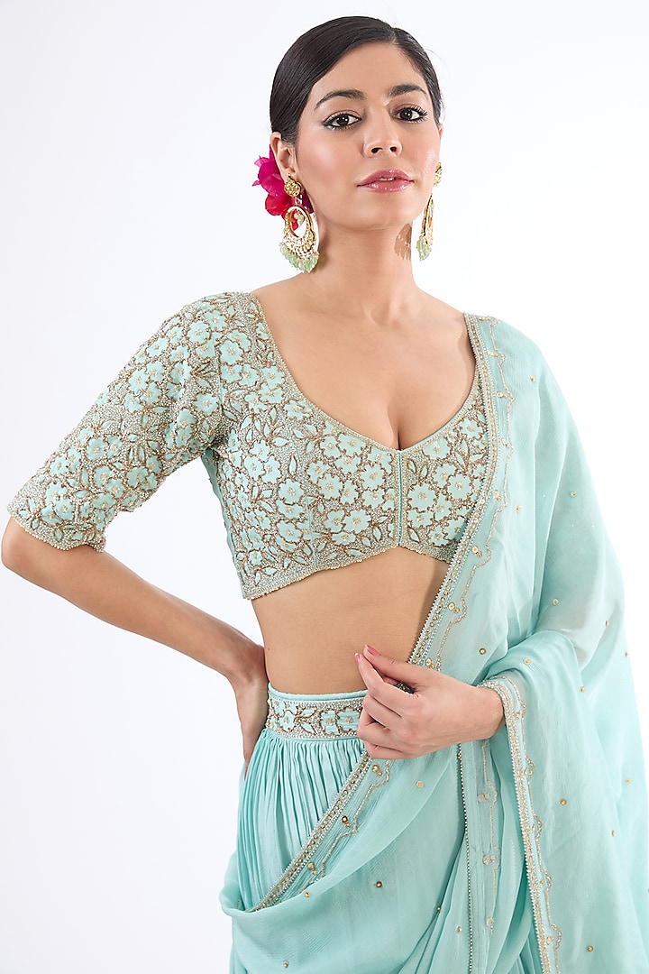Turquoise Blue Uppada Silk Aari Embroidered Wedding Lehenga Set by EnamourByRadha at Pernia's Pop Up Shop