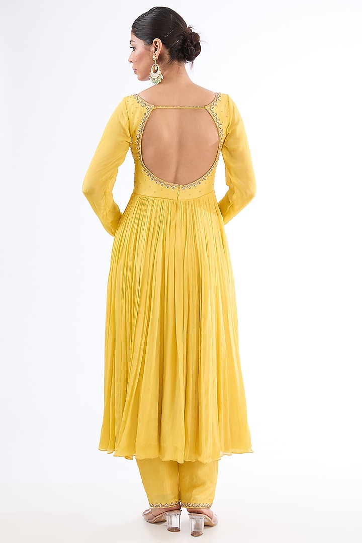 Yellow Uppada Silk Zari & Zardosi Embroidered Wedding Anarkali Set by EnamourByRadha at Pernia's Pop Up Shop