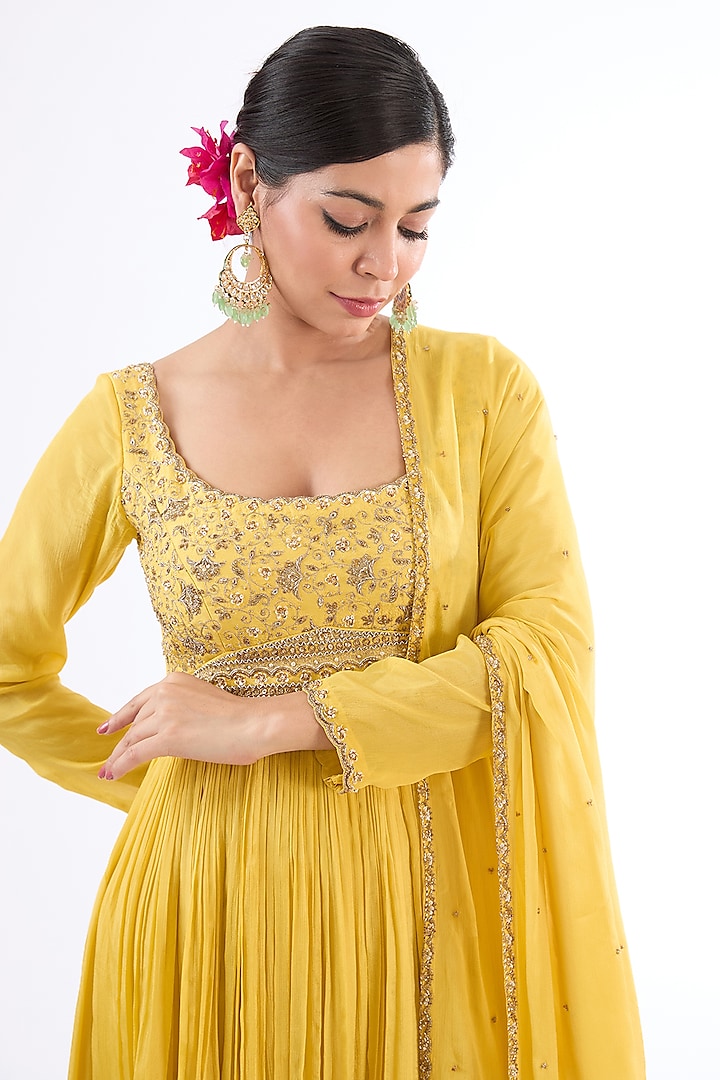 Yellow Uppada Silk Zari & Zardosi Embroidered Wedding Anarkali Set by EnamourByRadha at Pernia's Pop Up Shop