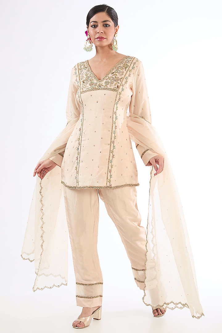 Ivory Uppada Silk Zari & Resham Embroidered Tunic Set by EnamourByRadha
