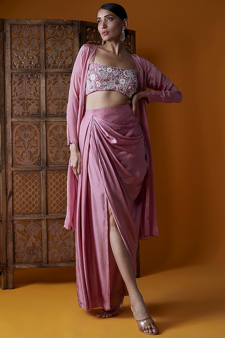 Mauve Pink Bemberg Satin & Upada Silk Draped Skirt Set by EnamourByRadha at Pernia's Pop Up Shop