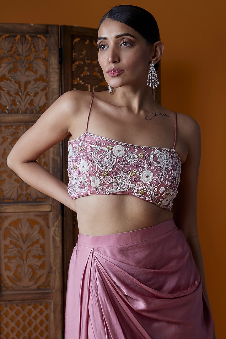 Mauve Pink Bemberg Satin & Upada Silk Draped Skirt Set by EnamourByRadha at Pernia's Pop Up Shop