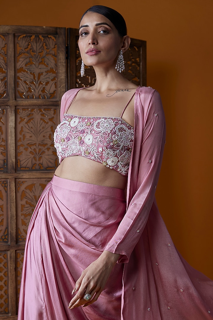 Mauve Pink Bemberg Satin & Upada Silk Draped Skirt Set by EnamourByRadha at Pernia's Pop Up Shop