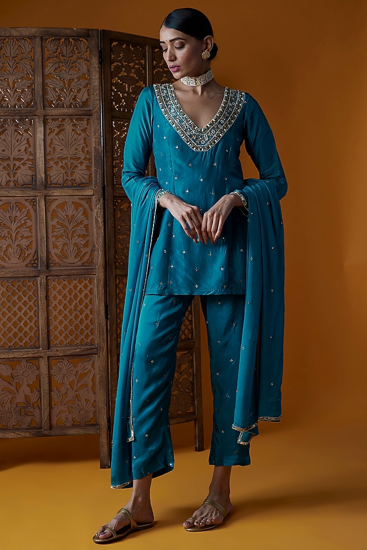 Peacock Blue Upada Silk & Chinon Chiffon Embroidered Tunic Set by EnamourByRadha at Pernia's Pop Up Shop