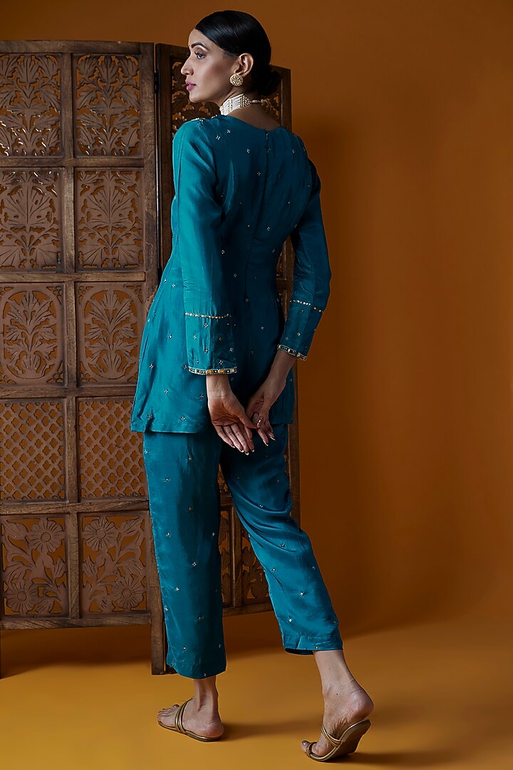 Peacock Blue Upada Silk & Chinon Chiffon Embroidered Tunic Set by EnamourByRadha at Pernia's Pop Up Shop