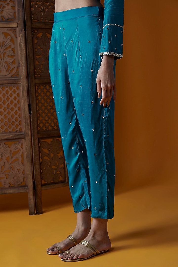 Peacock Blue Upada Silk & Chinon Chiffon Embroidered Tunic Set by EnamourByRadha at Pernia's Pop Up Shop