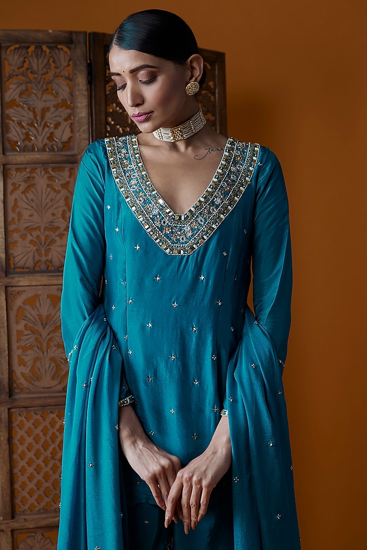 Peacock Blue Upada Silk & Chinon Chiffon Embroidered Tunic Set by EnamourByRadha at Pernia's Pop Up Shop