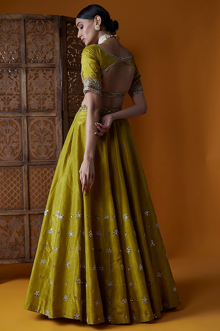 Lime Green Zari Silk & Upada Silk Embroidered Wedding Lehenga Set by EnamourByRadha at Pernia's Pop Up Shop