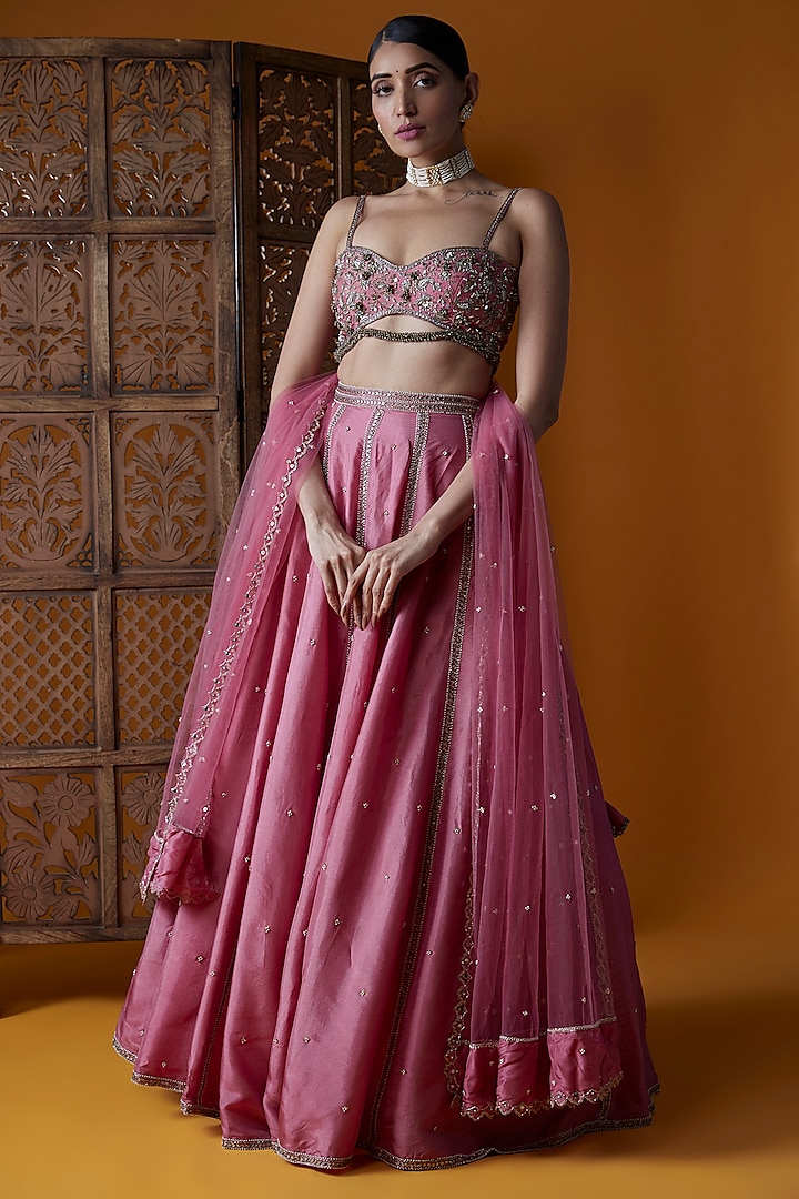 Hot Pink Upada Silk Hand Embroidered Wedding Lehenga Set by EnamourByRadha at Pernia's Pop Up Shop