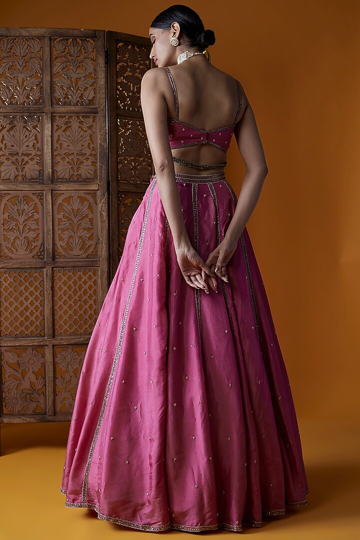 Hot Pink Upada Silk Hand Embroidered Wedding Lehenga Set by EnamourByRadha at Pernia's Pop Up Shop