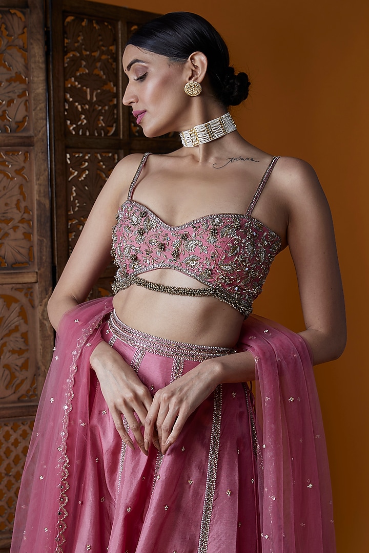 Hot Pink Upada Silk Hand Embroidered Wedding Lehenga Set by EnamourByRadha at Pernia's Pop Up Shop