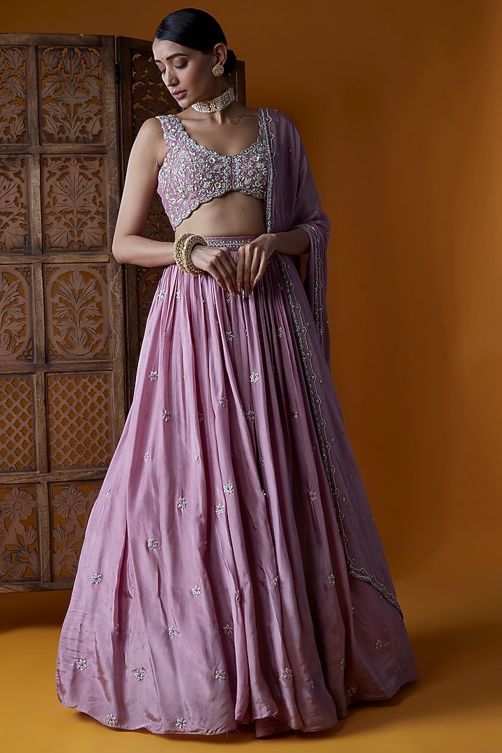 Mauve Pink Habutai Silk Embroidered Wedding Lehenga Set by EnamourByRadha at Pernia's Pop Up Shop