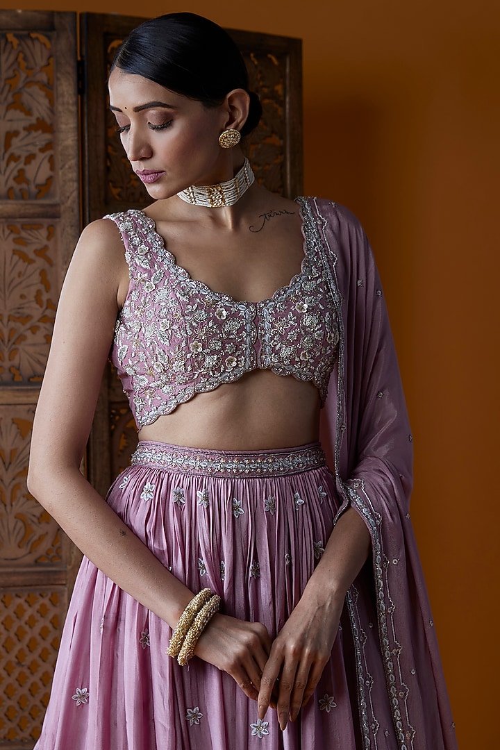 Mauve Pink Habutai Silk Embroidered Wedding Lehenga Set by EnamourByRadha at Pernia's Pop Up Shop