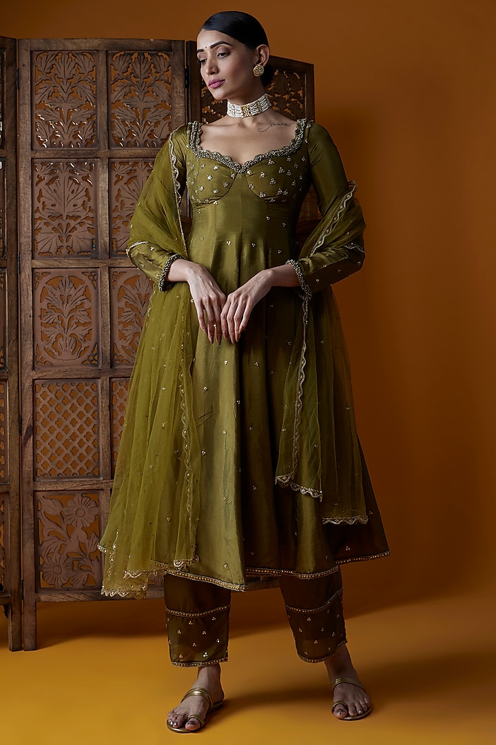 Mehendi Green Upada Silk Embroidered Wedding Anarkali Set by EnamourByRadha at Pernia's Pop Up Shop