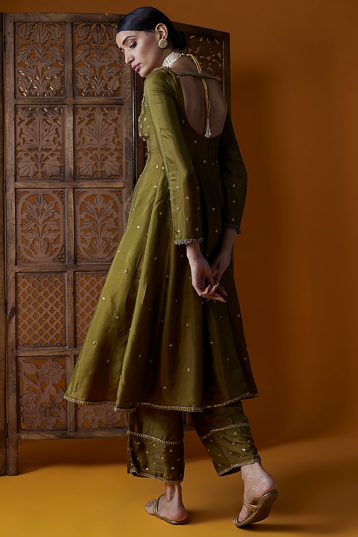 Mehendi Green Upada Silk Embroidered Wedding Anarkali Set by EnamourByRadha at Pernia's Pop Up Shop