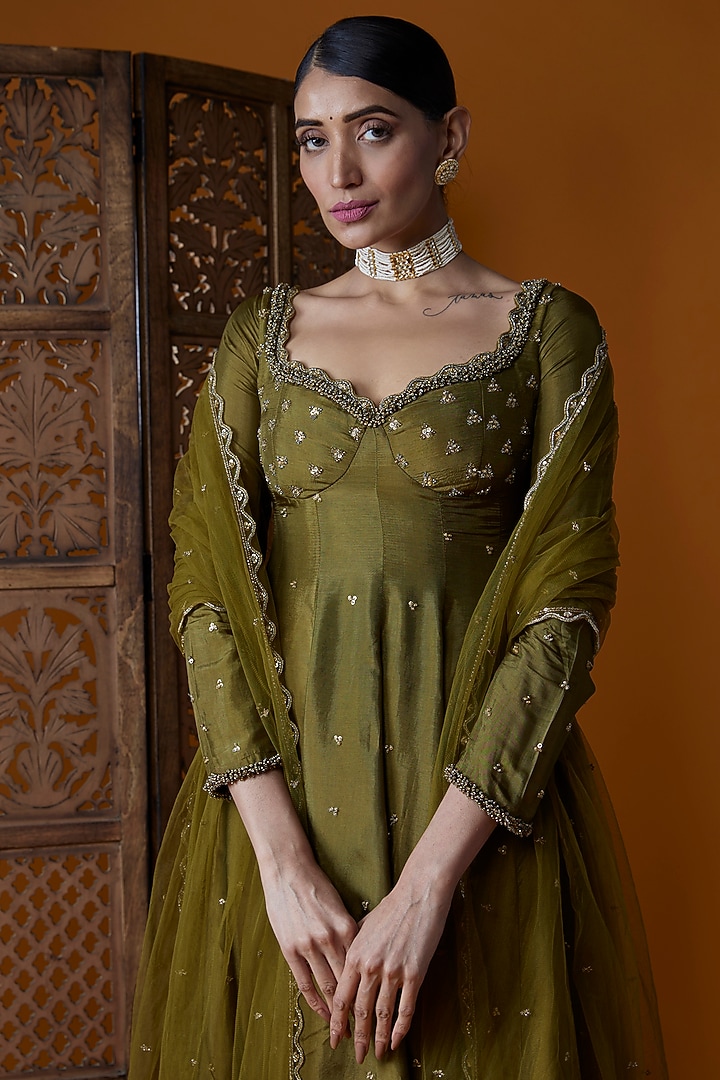 Mehendi Green Upada Silk Embroidered Wedding Anarkali Set by EnamourByRadha at Pernia's Pop Up Shop