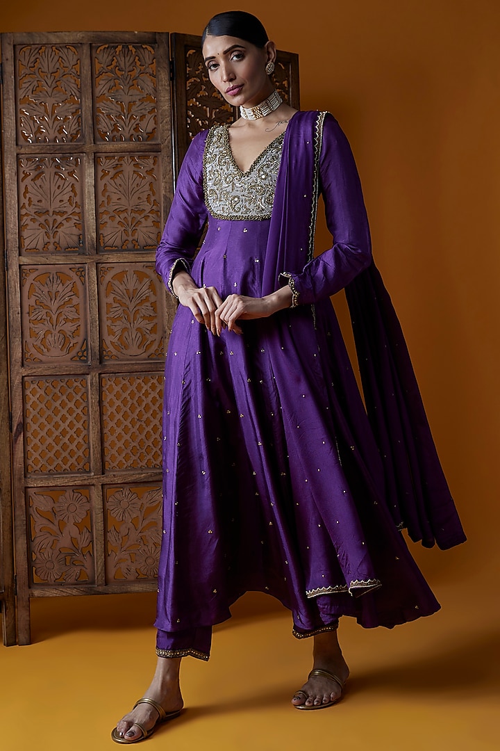 Violet Upada Silk & Chinon Chiffon Embroidered Wedding Anarkali Set by EnamourByRadha at Pernia's Pop Up Shop