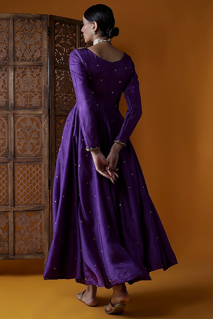 Violet Upada Silk & Chinon Chiffon Embroidered Wedding Anarkali Set by EnamourByRadha at Pernia's Pop Up Shop