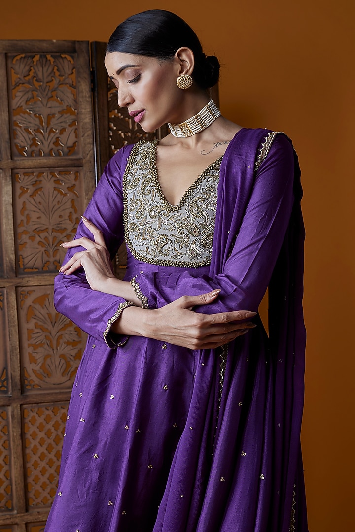 Violet Upada Silk & Chinon Chiffon Embroidered Wedding Anarkali Set by EnamourByRadha at Pernia's Pop Up Shop