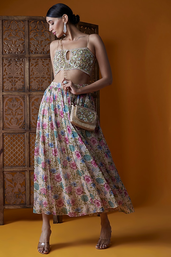 Multi-Colored Organza & Upada Silk Printed Skirt Set by EnamourByRadha at Pernia's Pop Up Shop