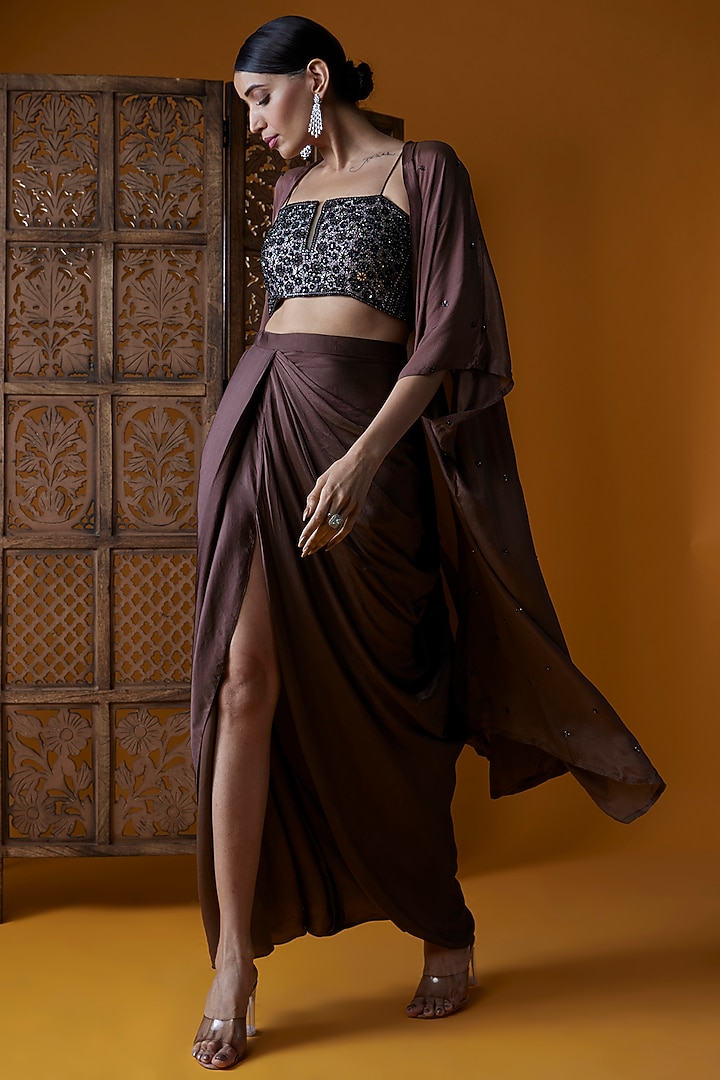 Brown Upada Silk Draped Skirt Set by EnamourByRadha at Pernia's Pop Up Shop