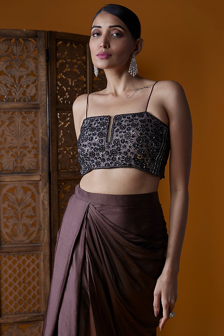 Brown Upada Silk Draped Skirt Set by EnamourByRadha at Pernia's Pop Up Shop
