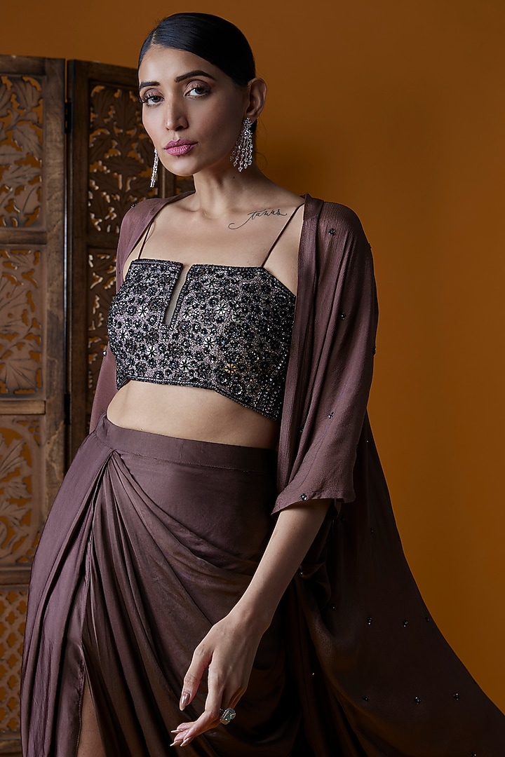 Brown Upada Silk Draped Skirt Set by EnamourByRadha at Pernia's Pop Up Shop