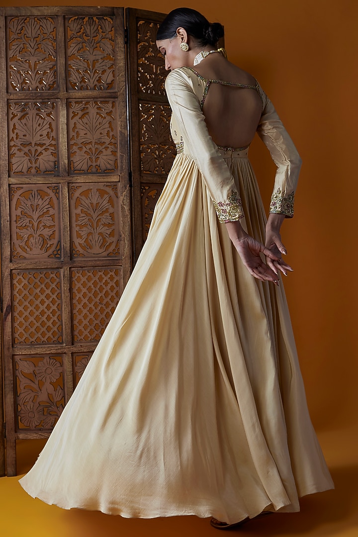 Ivory Muslin Silk Embroidered Wedding Anarkali Set by EnamourByRadha at Pernia's Pop Up Shop
