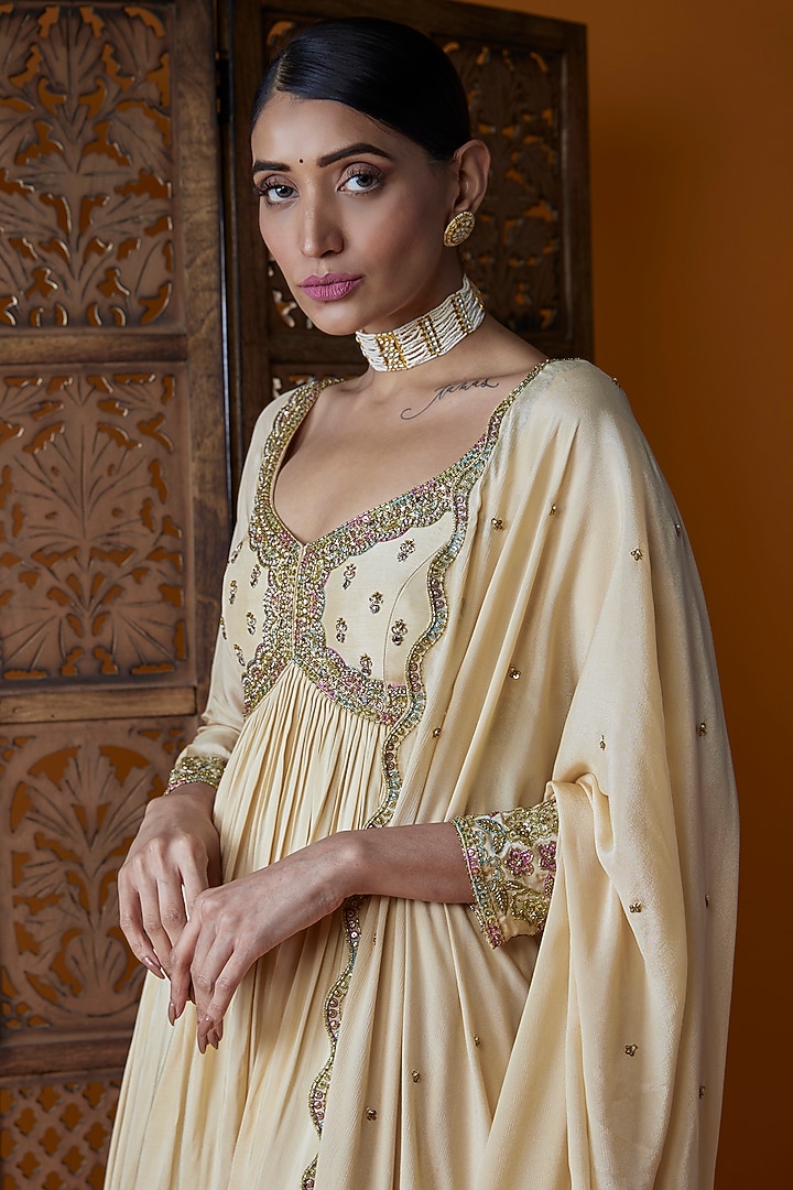 Ivory Muslin Silk Embroidered Wedding Anarkali Set by EnamourByRadha at Pernia's Pop Up Shop