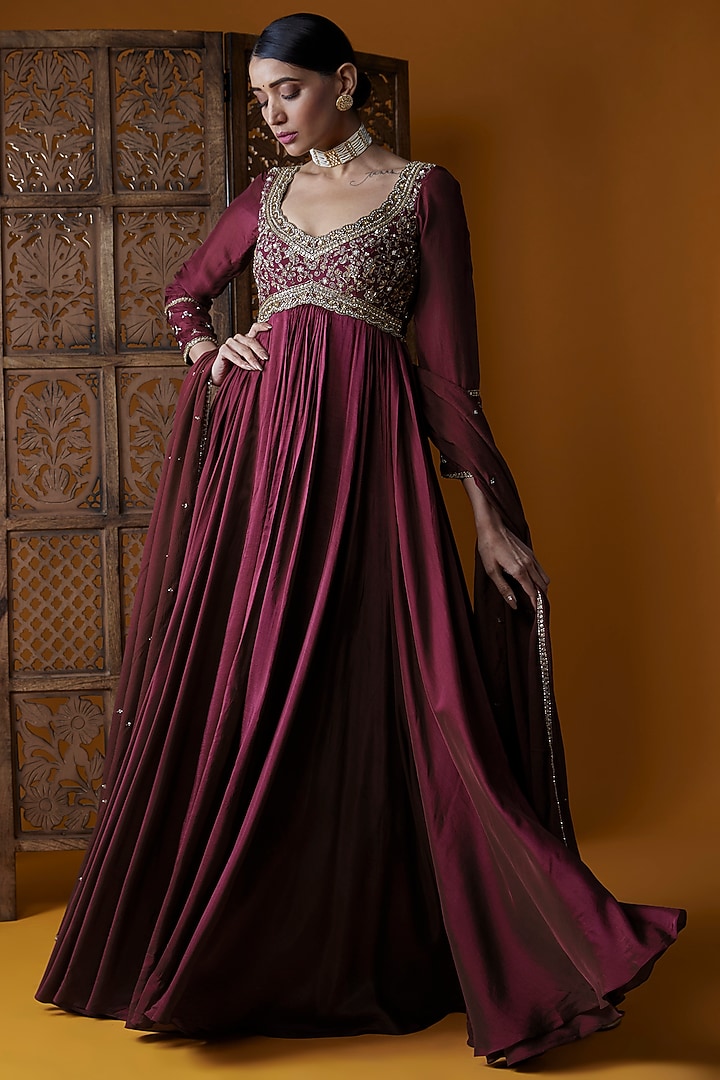 Pink Upada Silk Embroidered Wedding Anarkali Set by EnamourByRadha at Pernia's Pop Up Shop