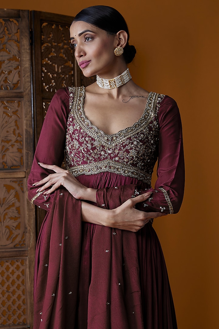 Pink Upada Silk Embroidered Wedding Anarkali Set by EnamourByRadha at Pernia's Pop Up Shop