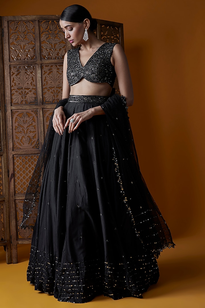 Black Silk Wedding Lehenga Set by EnamourByRadha at Pernia's Pop Up Shop