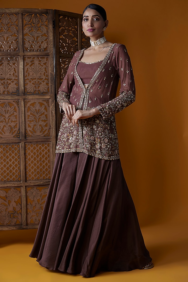 Brown Viscose Organza & Upada Silk Embroidered Jacket Set by EnamourByRadha at Pernia's Pop Up Shop