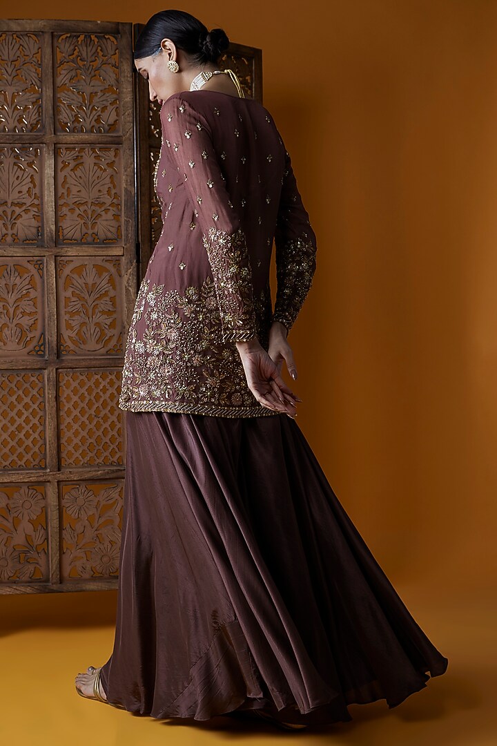 Brown Viscose Organza & Upada Silk Embroidered Jacket Set by EnamourByRadha at Pernia's Pop Up Shop