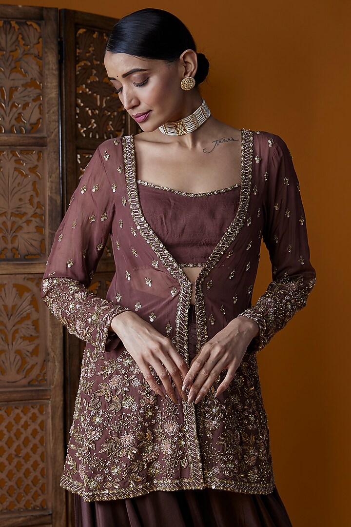 Brown Viscose Organza & Upada Silk Embroidered Jacket Set by EnamourByRadha at Pernia's Pop Up Shop
