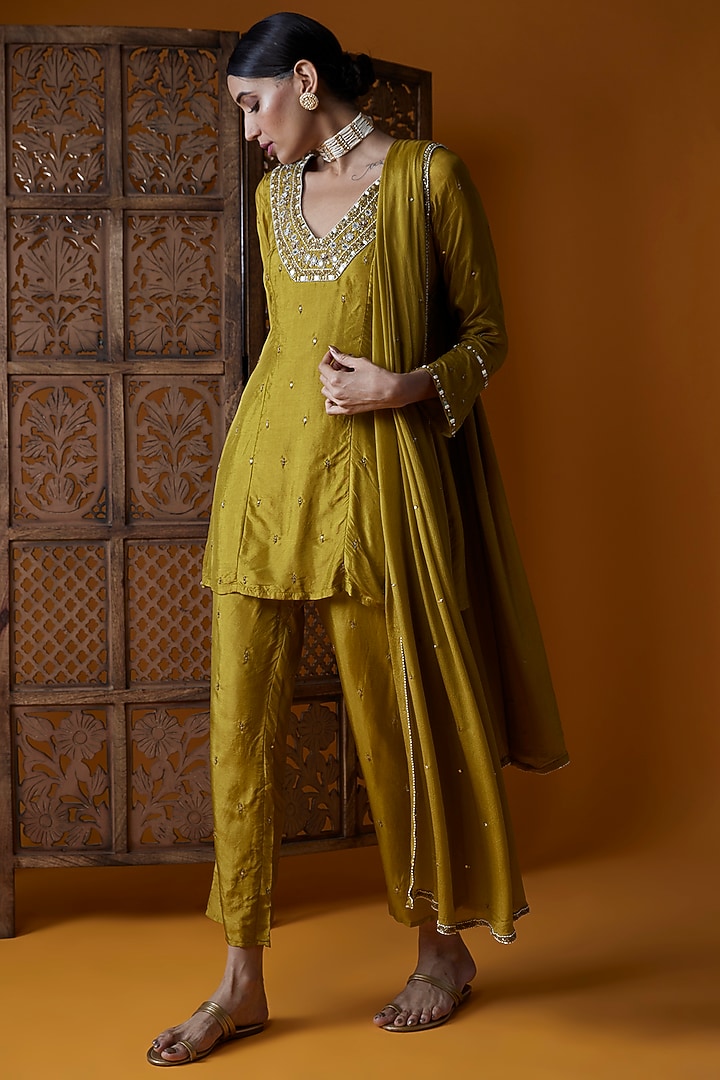 Lime Yellow Upada Silk & Chinon Chiffon Embroidered Tunic Set by EnamourByRadha at Pernia's Pop Up Shop