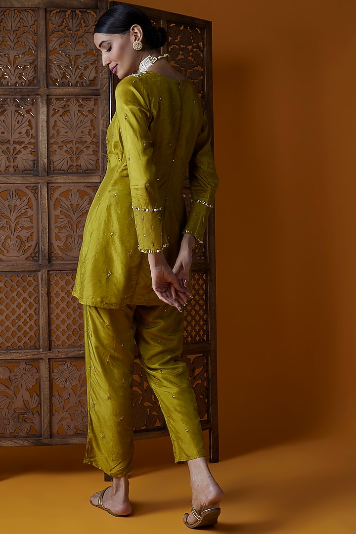 Lime Yellow Upada Silk & Chinon Chiffon Embroidered Tunic Set by EnamourByRadha at Pernia's Pop Up Shop