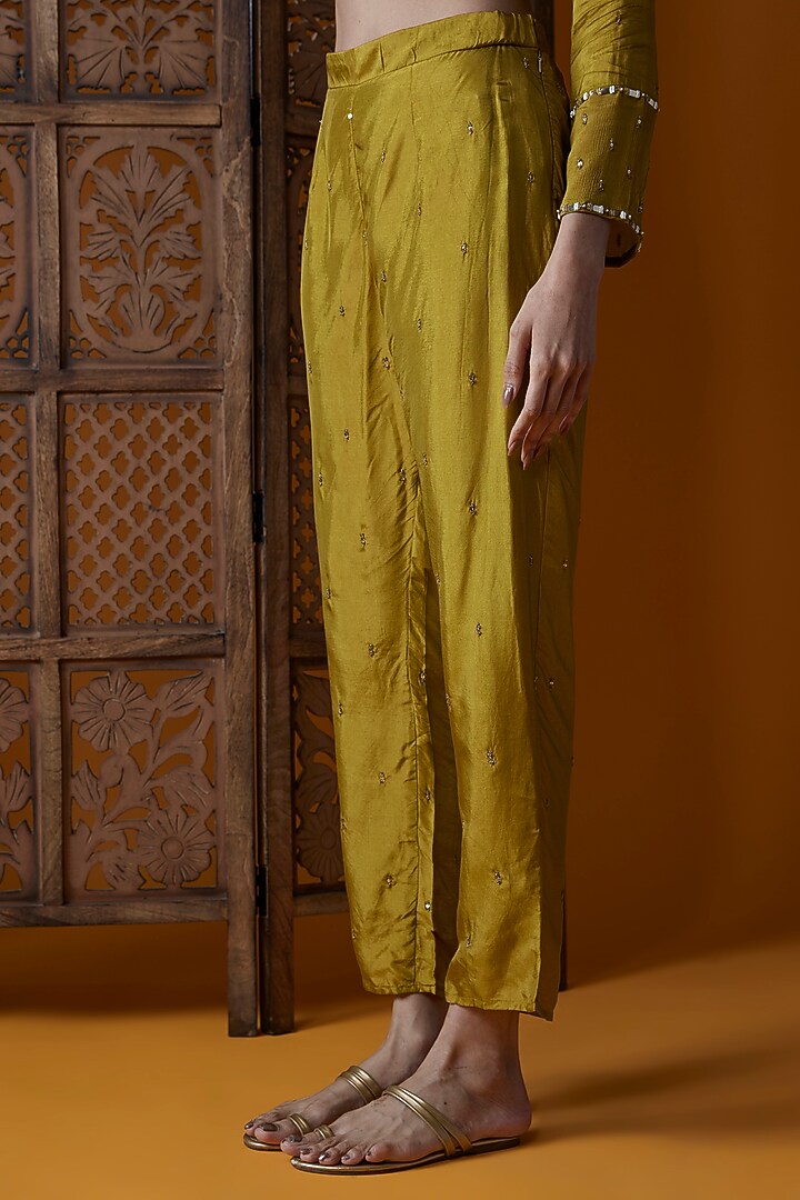 Lime Yellow Upada Silk & Chinon Chiffon Embroidered Tunic Set by EnamourByRadha at Pernia's Pop Up Shop