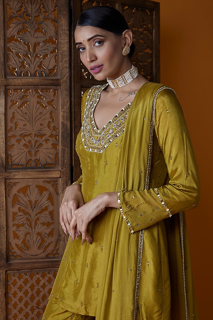 Lime Yellow Upada Silk & Chinon Chiffon Embroidered Tunic Set by EnamourByRadha at Pernia's Pop Up Shop