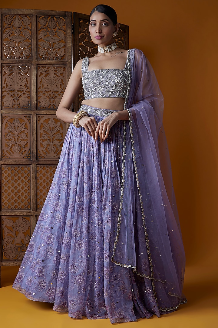 Purple Organza & Net Printed Wedding Lehenga Set by EnamourByRadha at Pernia's Pop Up Shop