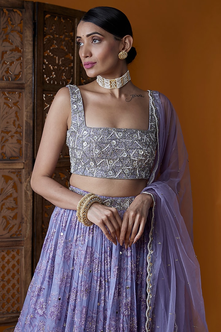 Purple Organza & Net Printed Wedding Lehenga Set by EnamourByRadha at Pernia's Pop Up Shop