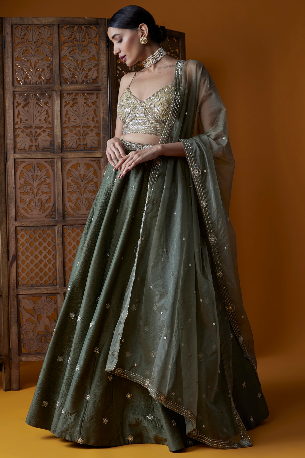 Dark Olive Green Net With Cotton Sequin, Embroidery & Thread-Work  Party-Wear Stylish Lehenga Choli