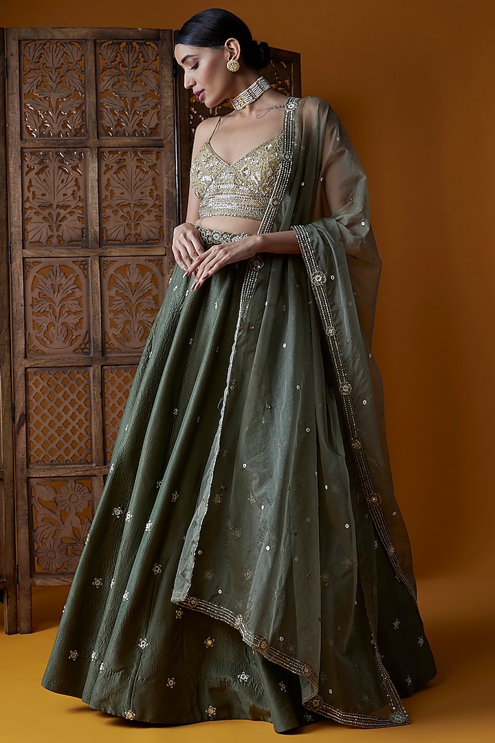 Olive Green Upada Silk Embroidered Wedding Lehenga Set by EnamourByRadha at Pernia's Pop Up Shop